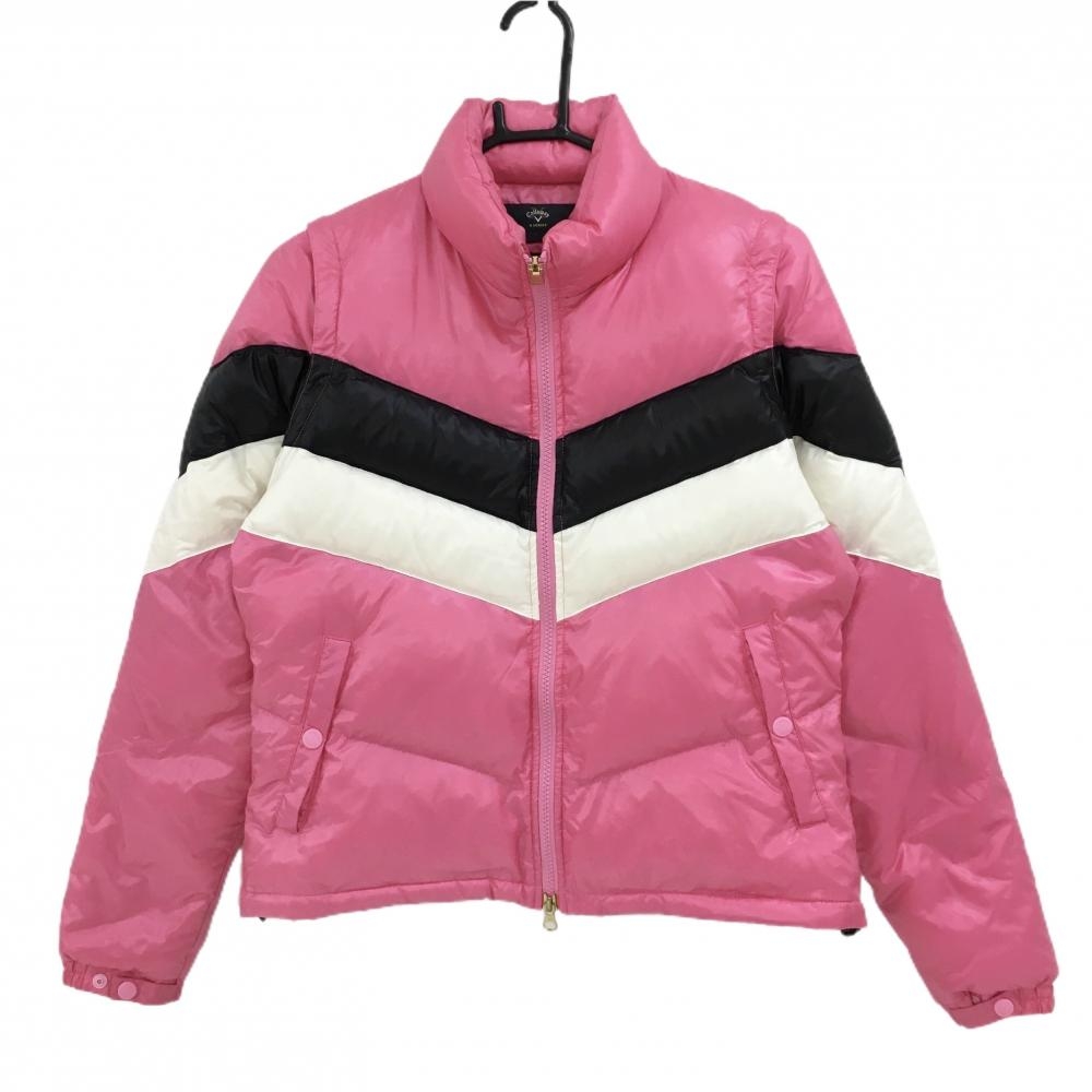 【美品】キャロウェイ 2WAYダウンジャケット ピンク×黒×白 袖着脱可 ダブルジップ  レディース L ゴルフウェア Callaway