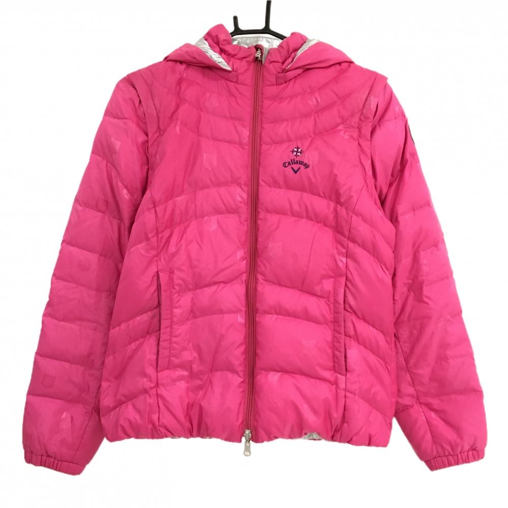 キャロウェイ リバーシブルダウンジャケット ピンク 総柄 内側シルバー 袖・フード着脱可 レディース L ゴルフウェア Callaway