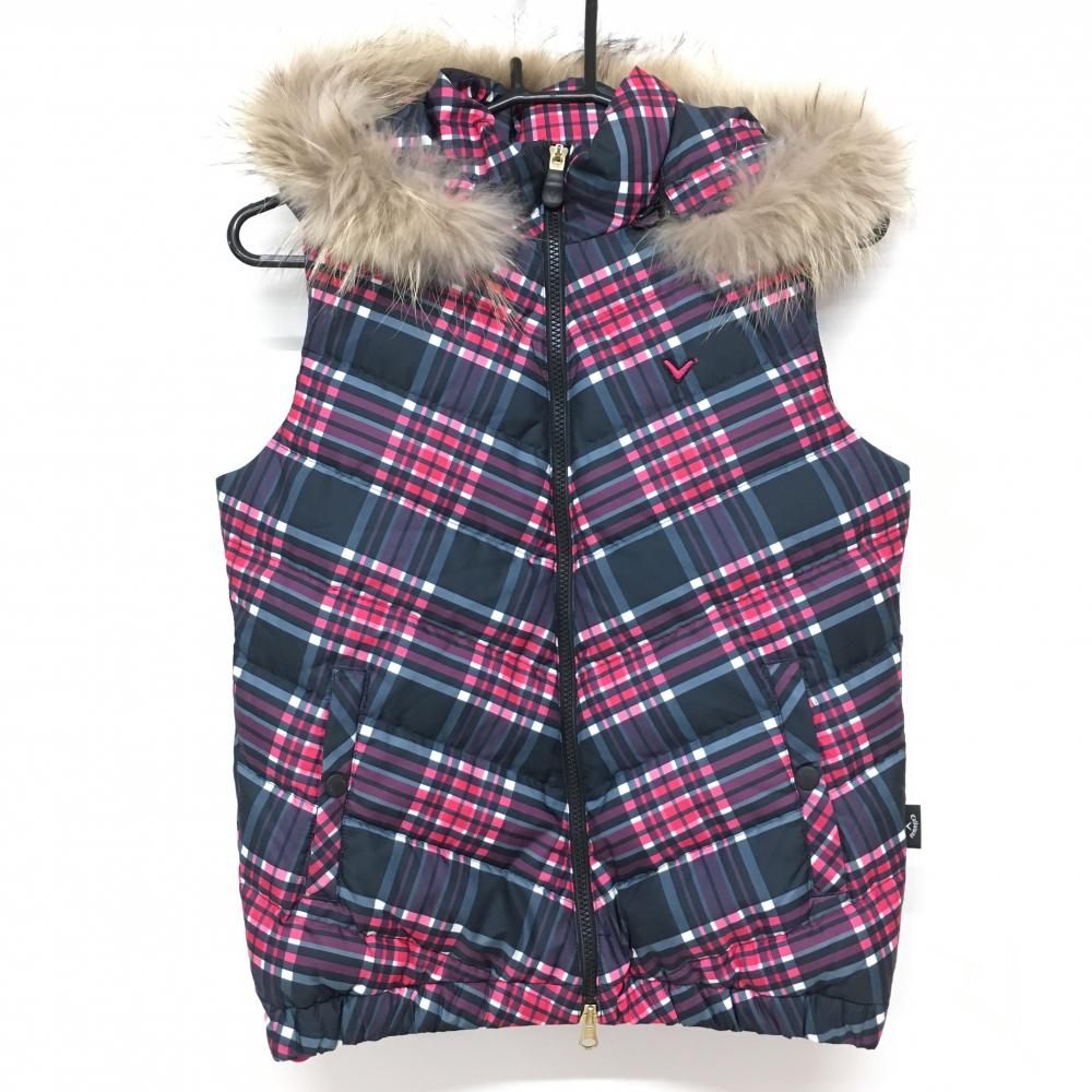 【美品】キャロウェイ フード付きダウンベスト ネイビー×ピンク チェック フード着脱可 レディース M ゴルフウェア Callaway