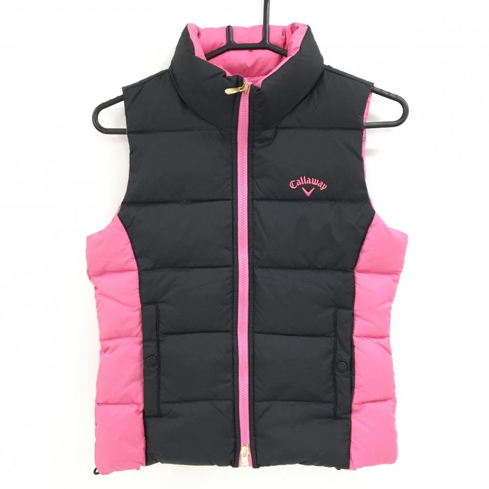 【美品】キャロウェイ ダウンベスト 黒×ピンク ロゴ刺しゅう ダブルジップ ダウン90％ レディース M ゴルフウェア Callaway