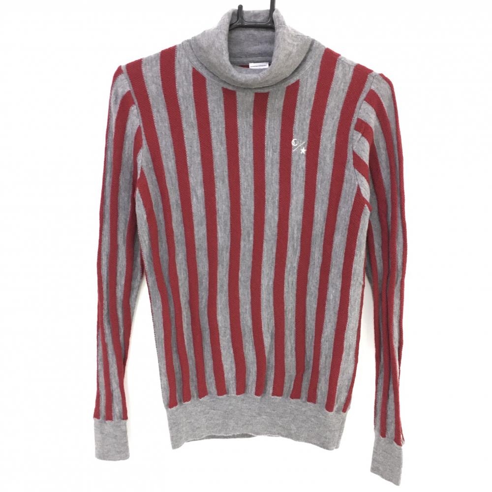 【超美品】キャロウェイ タートルネックセーター グレー×レッド ストライプ編み ウール100％ レディース M ゴルフウェア Callaway