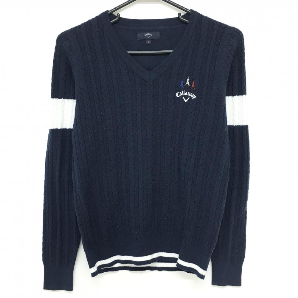 キャロウェイ セーターネイビー×白 ケーブル編み ロゴ刺しゅう レディース M ゴルフウェア Callaway