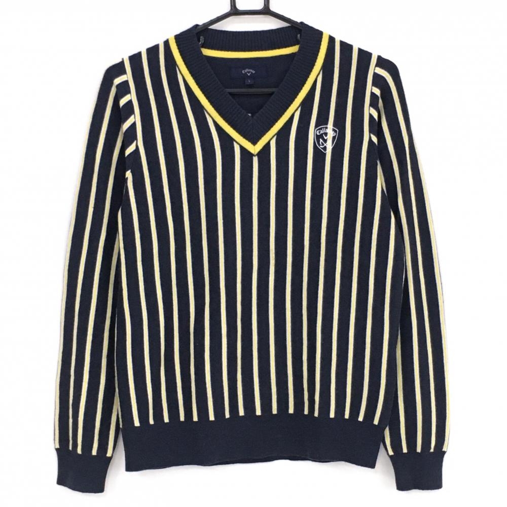 【超美品】キャロウェイ セーター ネイビー×イエロー ストライプ Vネック ニット レディース L ゴルフウェア Callaway