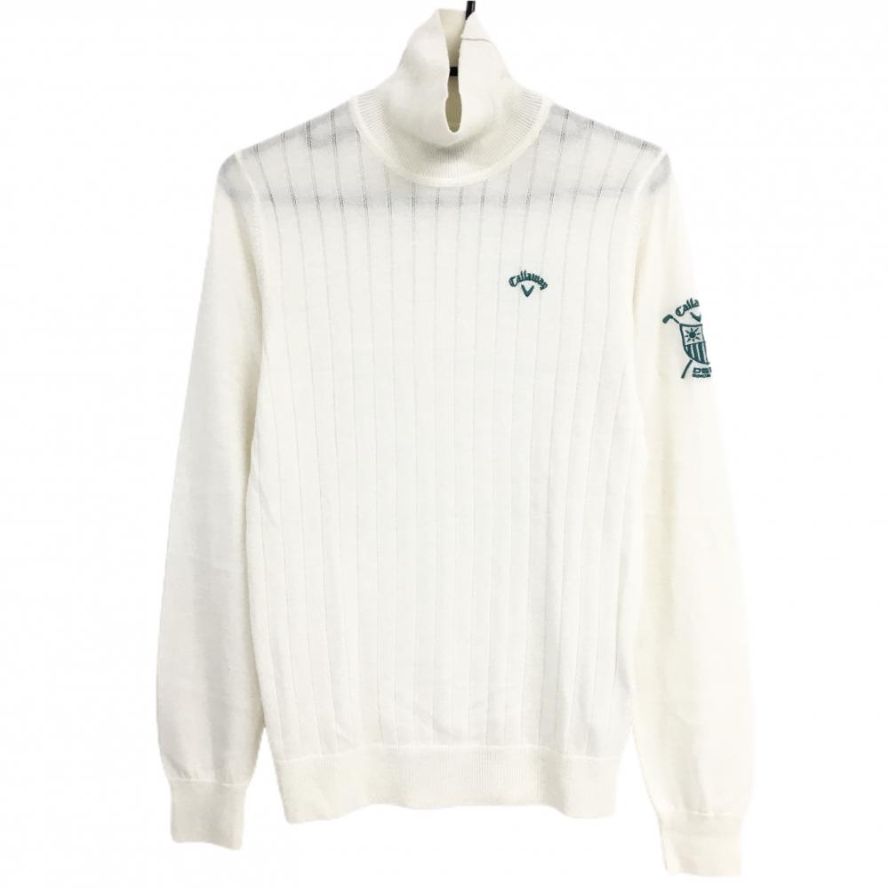【美品】キャロウェイ タートルネックセーター 白 ロゴ刺しゅうグリーン ニット  レディース LL ゴルフウェア Callaway