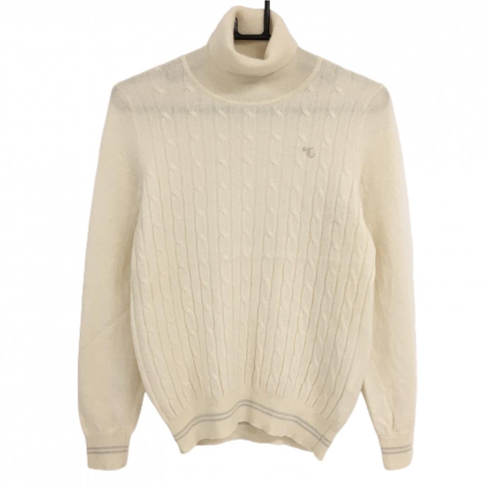 【美品】キャロウェイ タートルネックセーター アイボリー 前面ケーブル編み カシミヤ100％ ニット レディース L ゴルフウェア Callaway