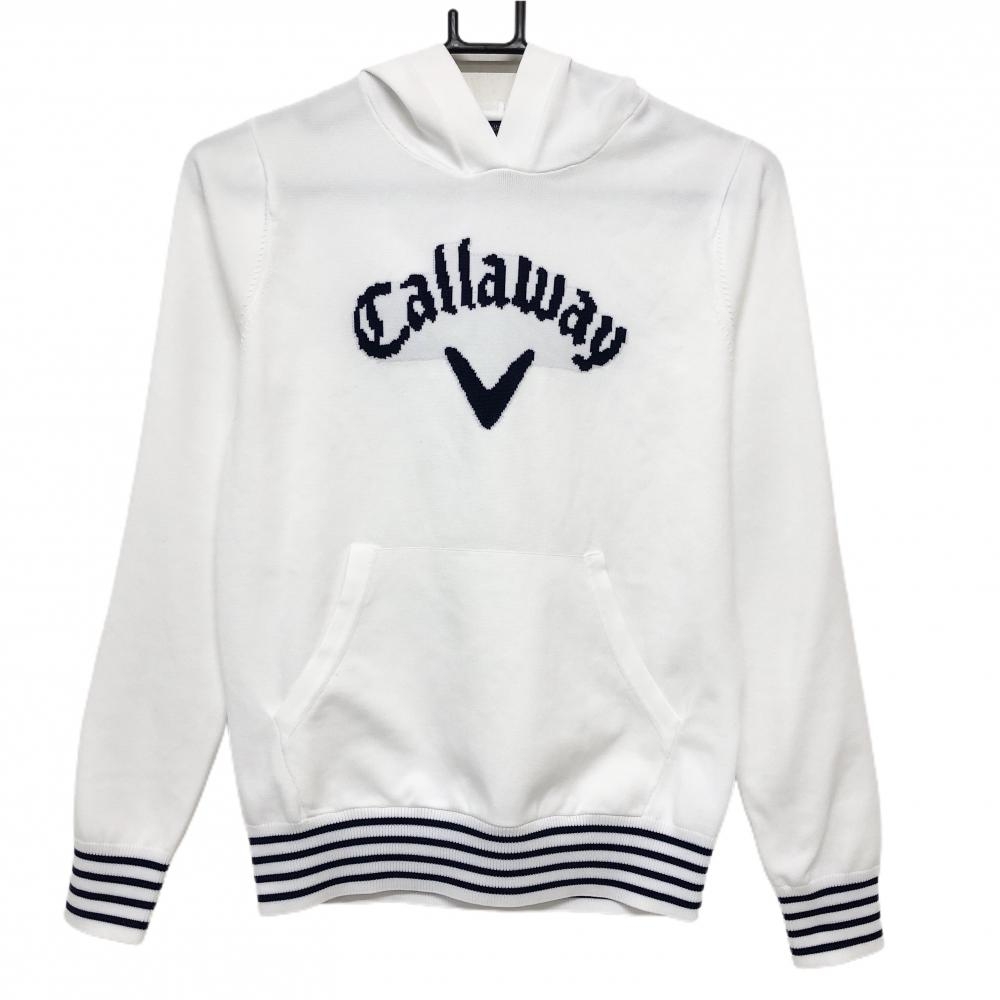 【超美品】キャロウェイ ニットパーカー 白×ネイビー フロントロゴ セーター レディース S ゴルフウェア Callaway