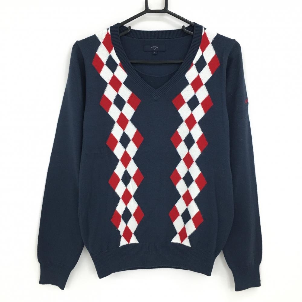 【美品】キャロウェイ セーター ネイビー×レッド×白 一部アーガイル ウール混 ニット Vネック レディース L ゴルフウェア Callaway