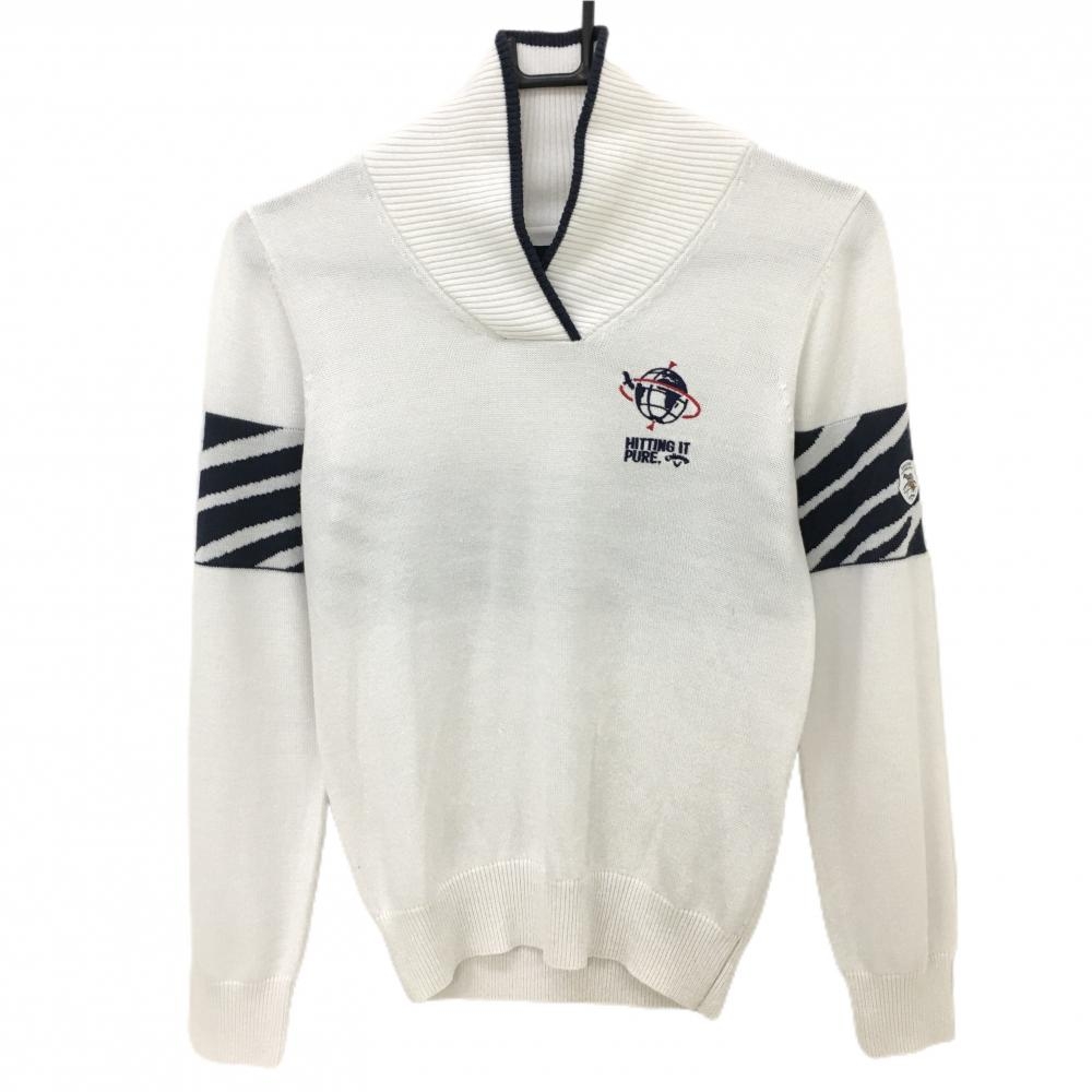 【超美品】キャロウェイ セーター 白×ネイビー 袖・背面一部ゼブラ調柄 ウール混  レディース S ゴルフウェア Callaway