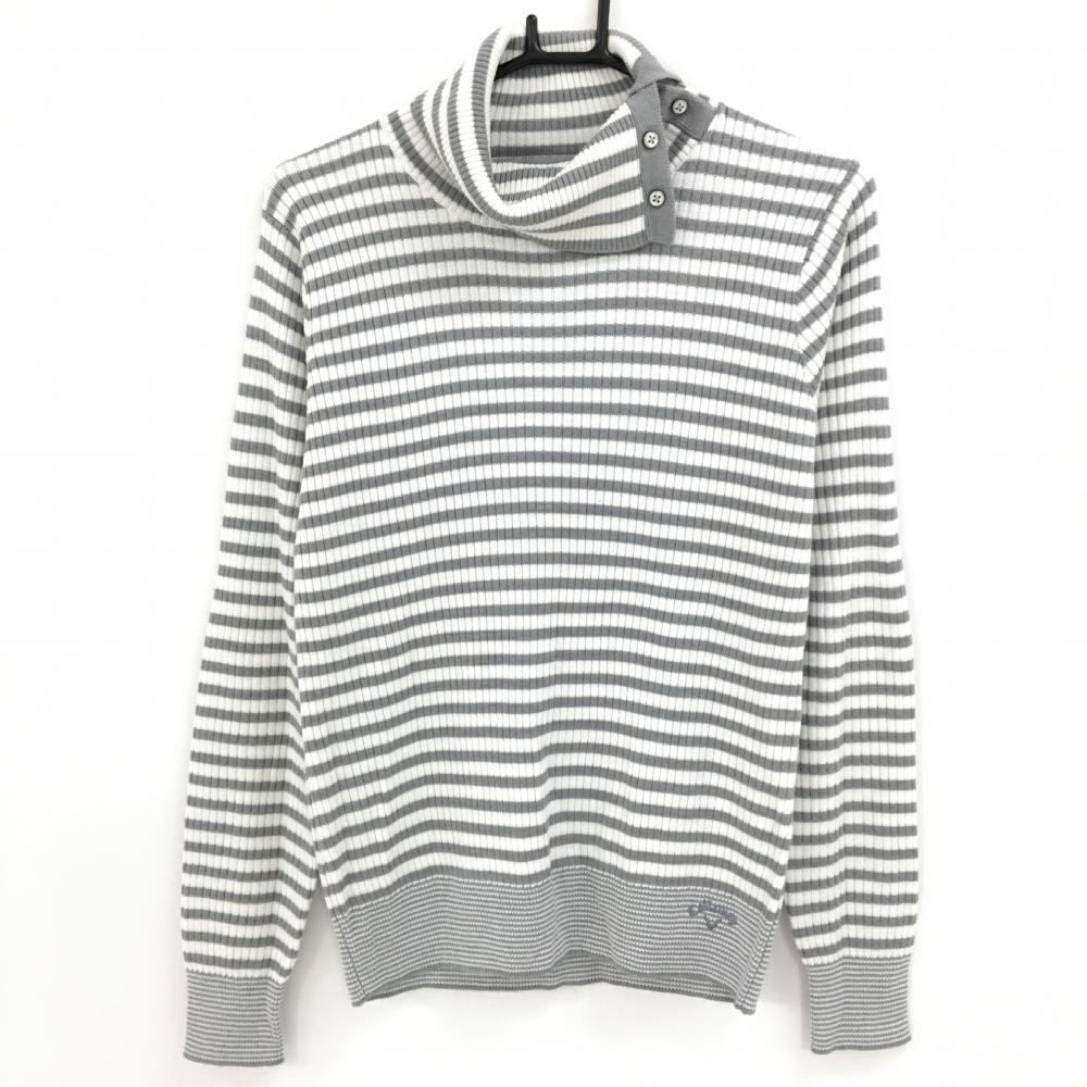 【美品】キャロウェイ タートルネックセーター 白×グレー ボーダー ネックボタン ウール混 ニット レディース LL ゴルフウェア Callaway