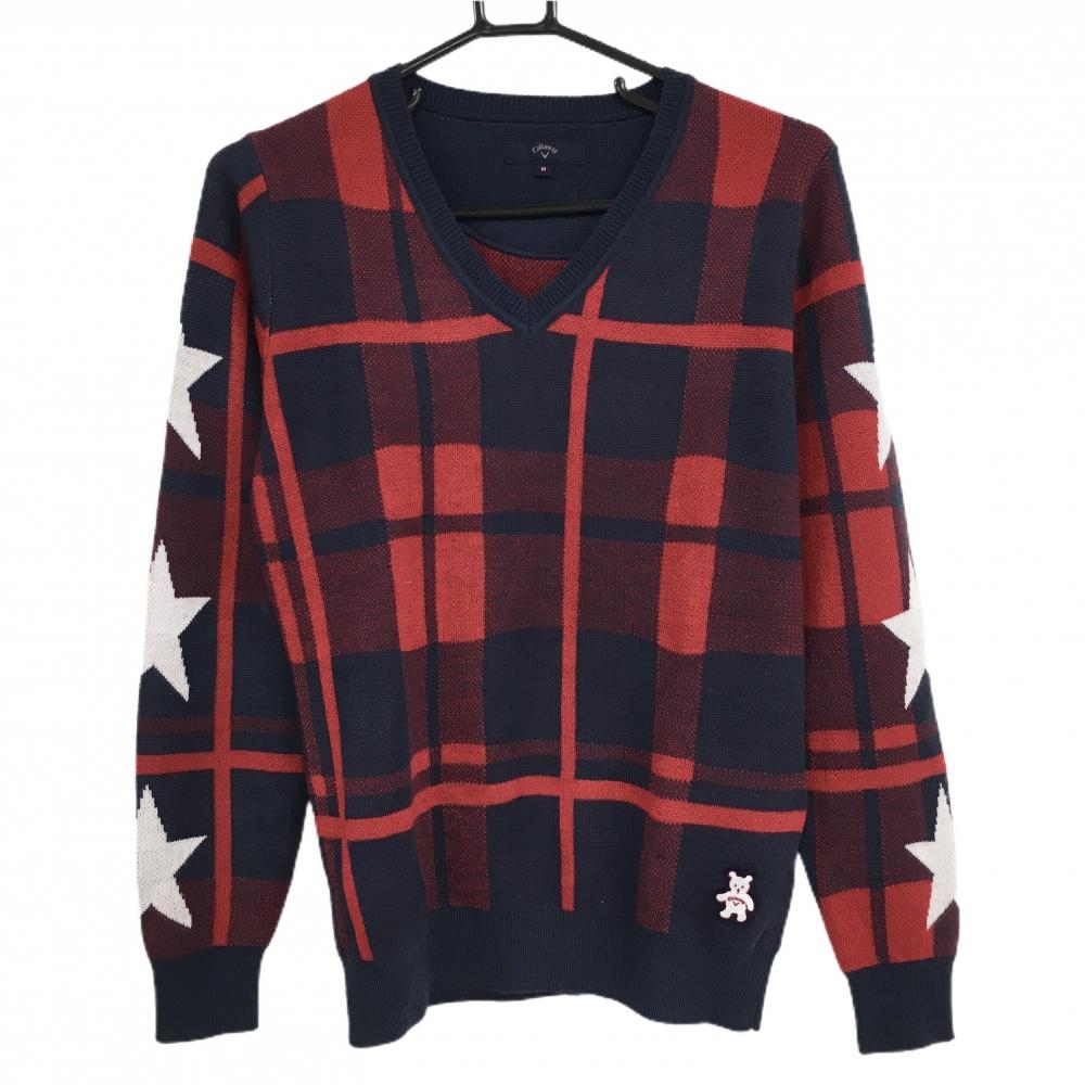 キャロウェイ セーター ネイビー×レッド 格子柄 袖星 ベアワッペン ニット レディース M ゴルフウェア Callaway