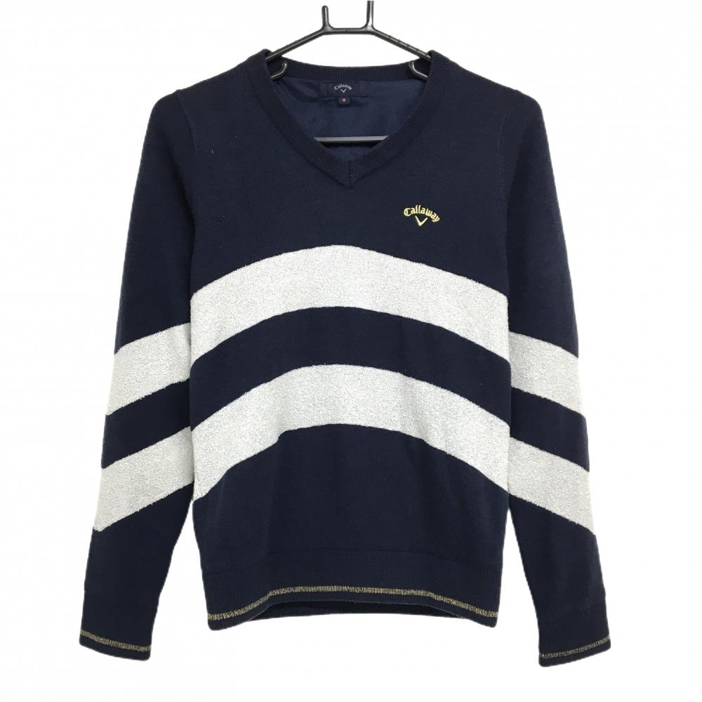 キャロウェイ セーター ネイビー×シルバー系 ボーダー風 ラメ ウール混 裏地付き ニット レディース M ゴルフウェア Callaway