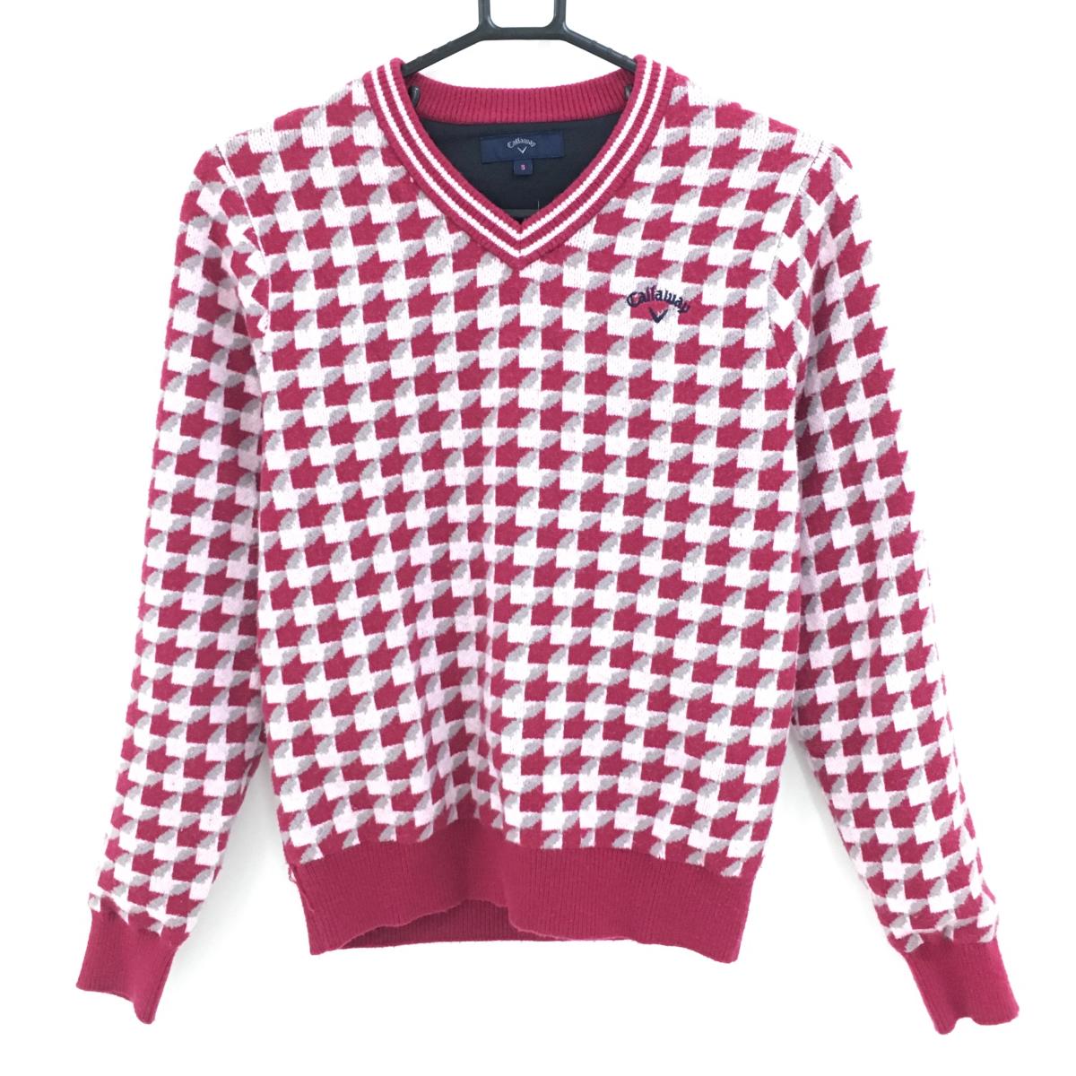 キャロウェイ セーター レッド×白 千鳥格子 Vネック 裏地付 ニット レディース S ゴルフウェア Callaway