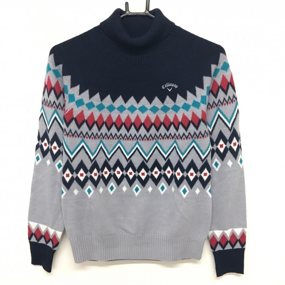 キャロウェイ ハイネックセーター グレー×ネイビー ノルディック柄 ロゴ刺しゅう ニット ウール混 レディース S ゴルフウェア Callaway