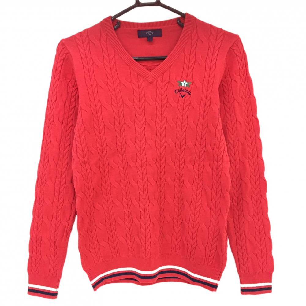 【美品】キャロウェイ セーター レッド ケーブル編み ニット アクリル混 Vネック レディース L ゴルフウェア Callaway