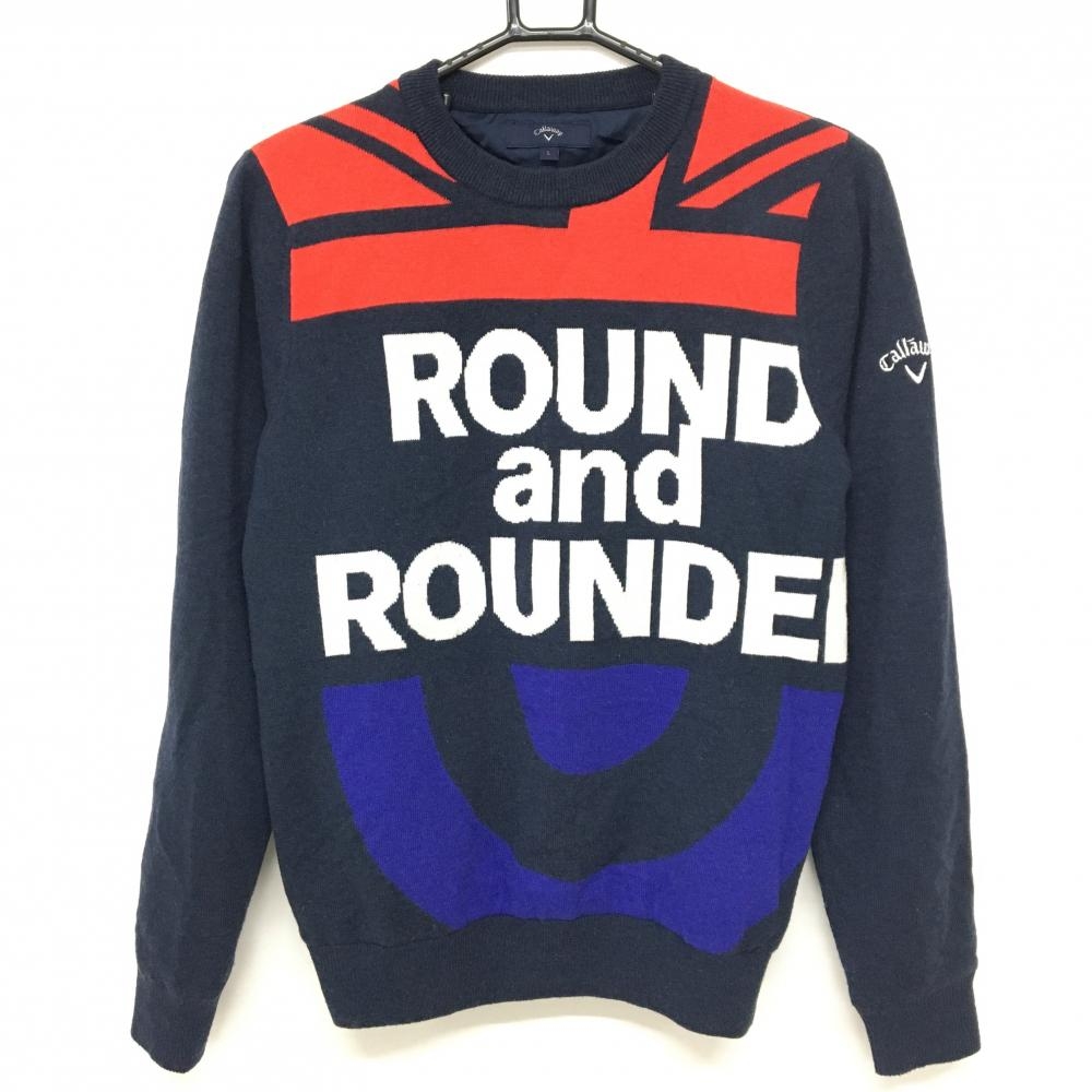 キャロウェイ セーター ネイビー×白 フロントロゴ 裏地付 ウール混  レディース L ゴルフウェア Callaway