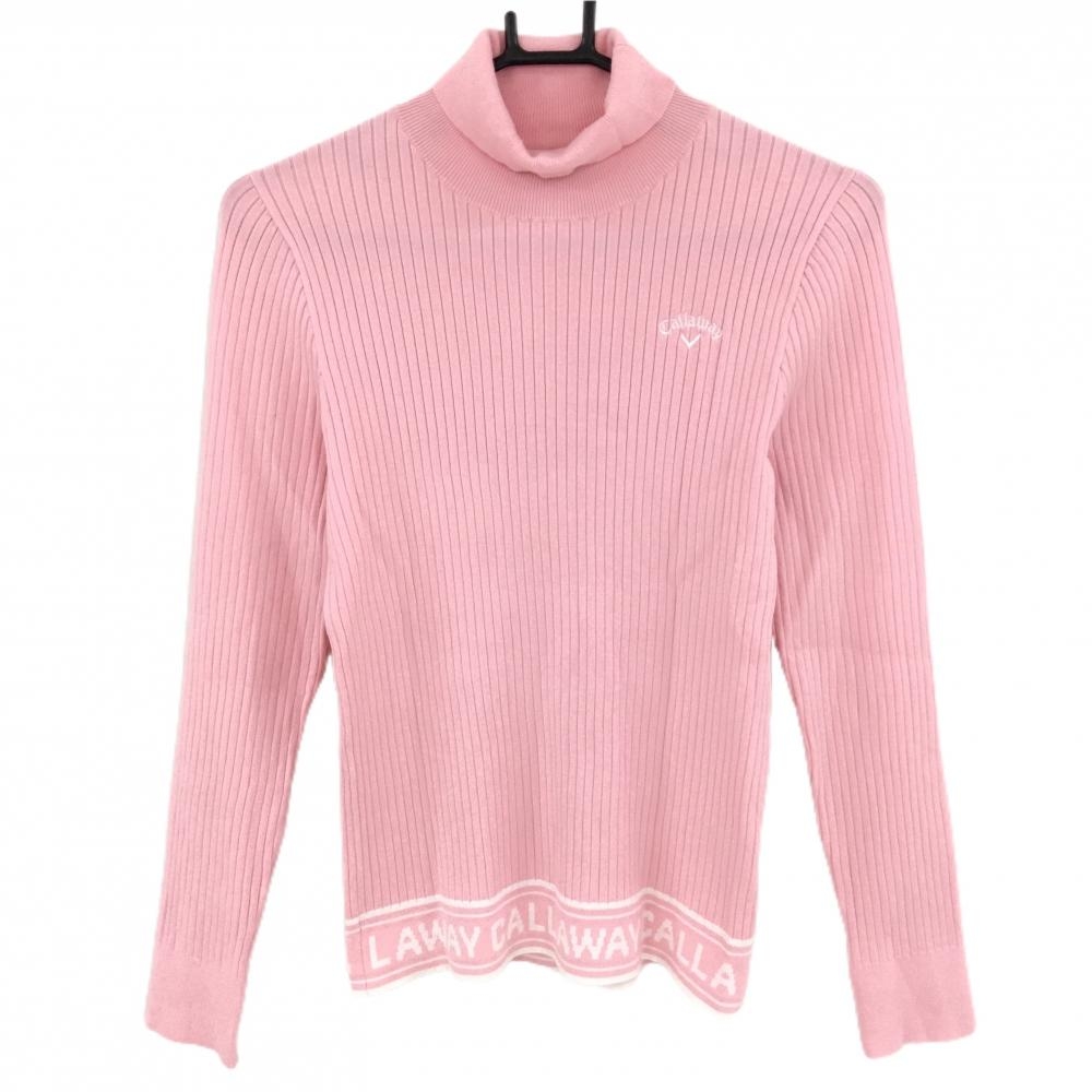 【美品】キャロウェイ タートルネックセーター ピンク×白 ストライプ編み ニット レディース M ゴルフウェア 2024年モデル Callaway