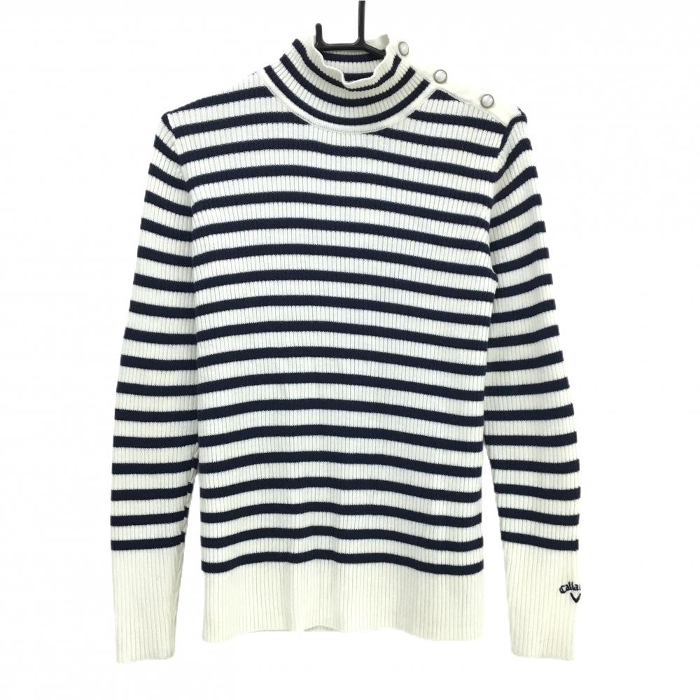 キャロウェイ ハイネックセーター 白×ネイビー ボーダー ニット ウール混 レディース LL ゴルフウェア Callaway