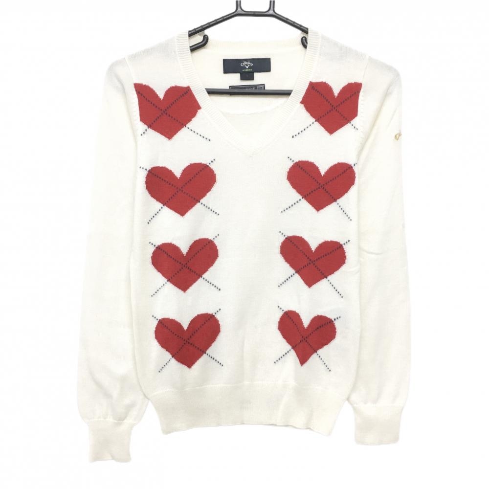 【美品】キャロウェイ セーター アイボリー×レッド ハート ウール混 ニット  レディース S ゴルフウェア Callaway