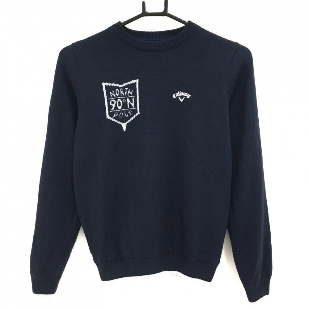 【美品】キャロウェイ セーター ネイビー×シルバー 裏地付き ロゴ刺しゅう レディース S ゴルフウェア Callaway