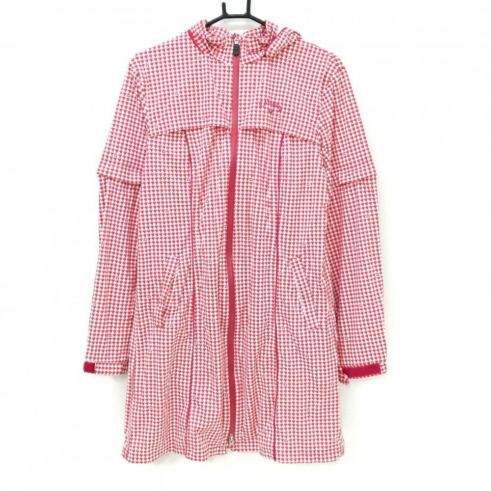 キャロウェイ 4WAYレインウェア 白×ピンクレッド 千鳥柄 裏地メッシュ フード・袖着脱可 レディース L ゴルフウェア Callaway