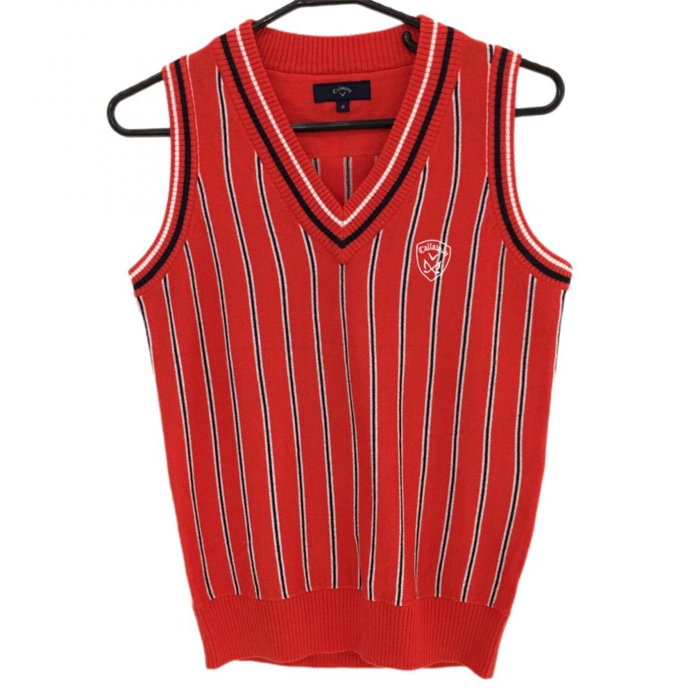 【超美品】キャロウェイ ニットベスト オレンジレッド×ネイビー Vネック ウール混 レディース M ゴルフウェア Callaway