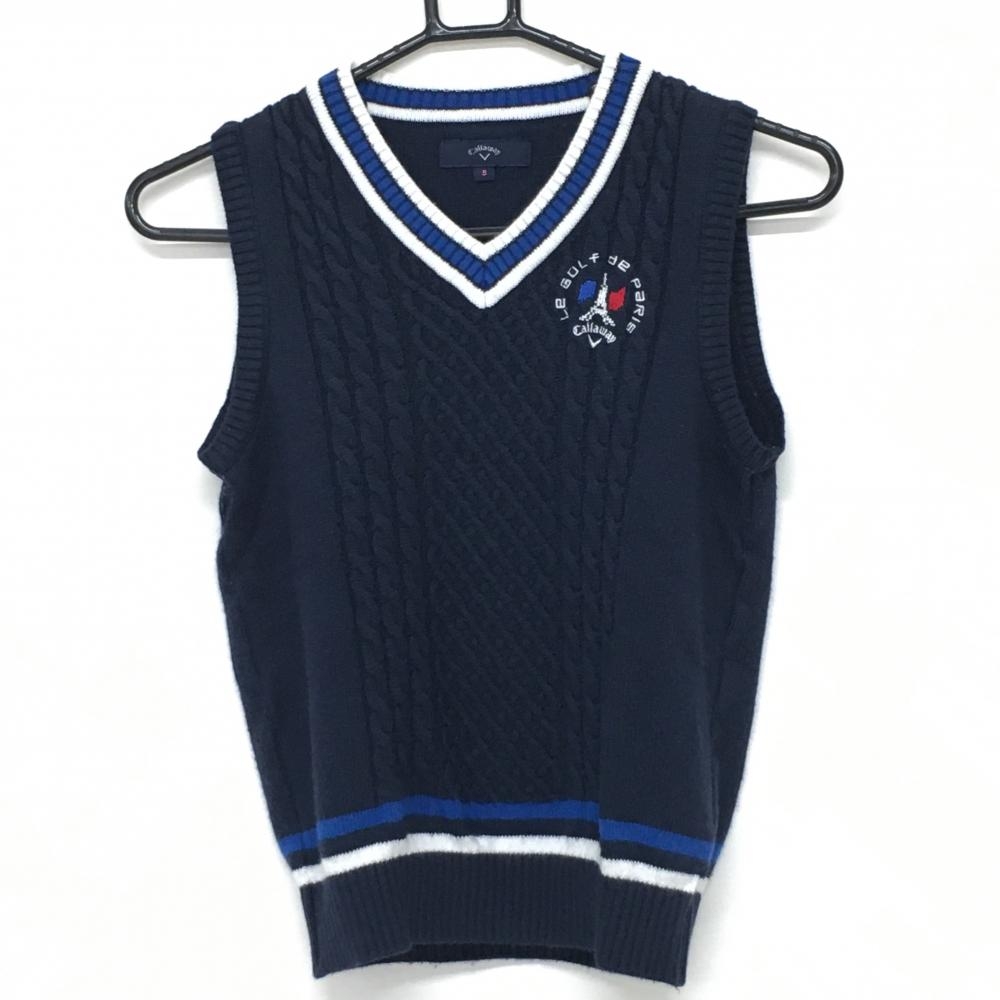 キャロウェイ ニットベスト ネイビー×白 Vネック ロゴ刺しゅう レディース S ゴルフウェア Callaway