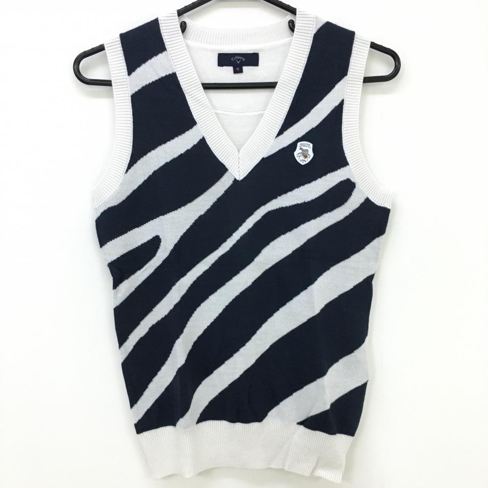 【超美品】キャロウェイ ニットベスト 白×ネイビー 前面ゼブラ Vネック レディース M ゴルフウェア Callaway