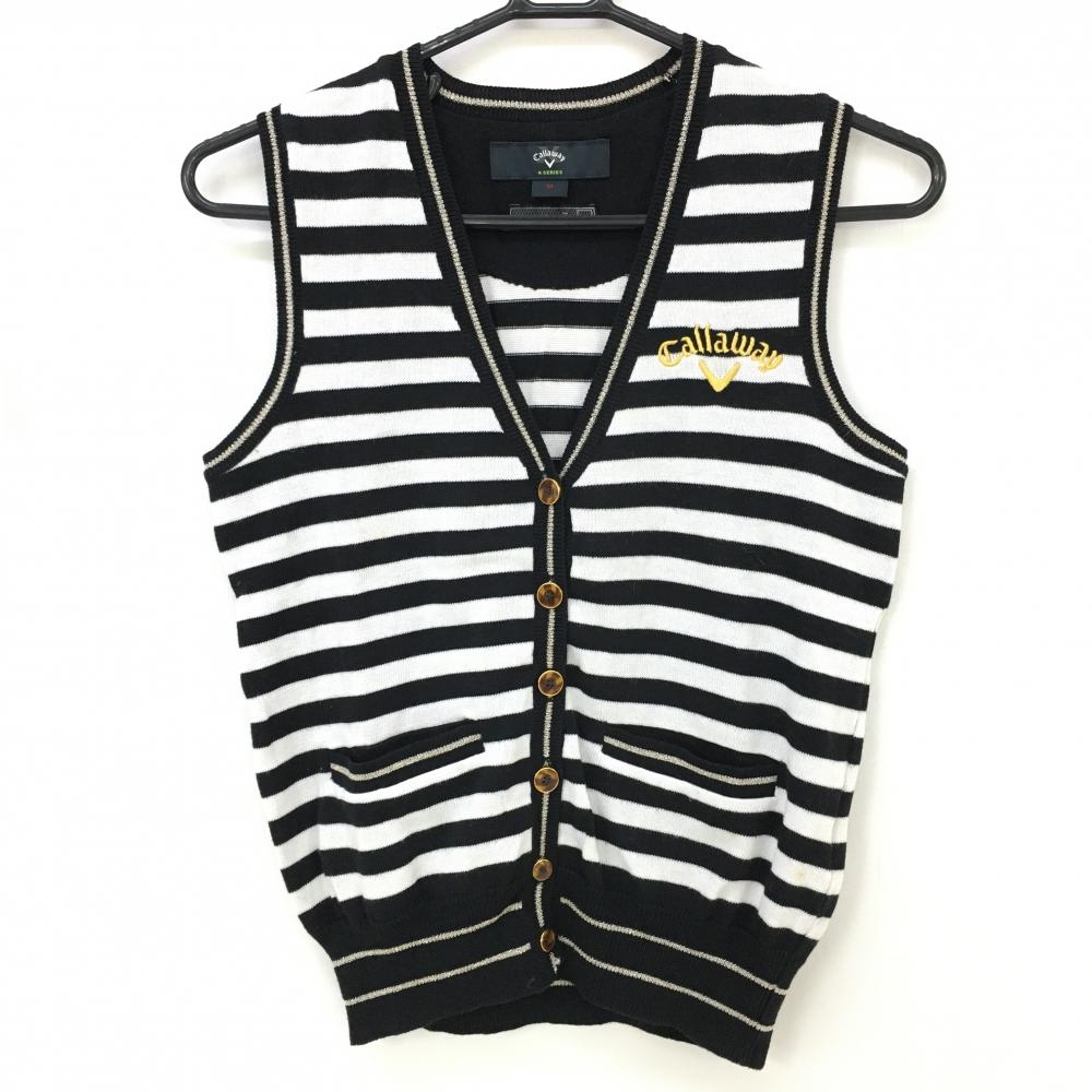 キャロウェイ ニットベスト 黒×白 ボーダー柄 総柄 ラメ糸  レディース M ゴルフウェア Callaway