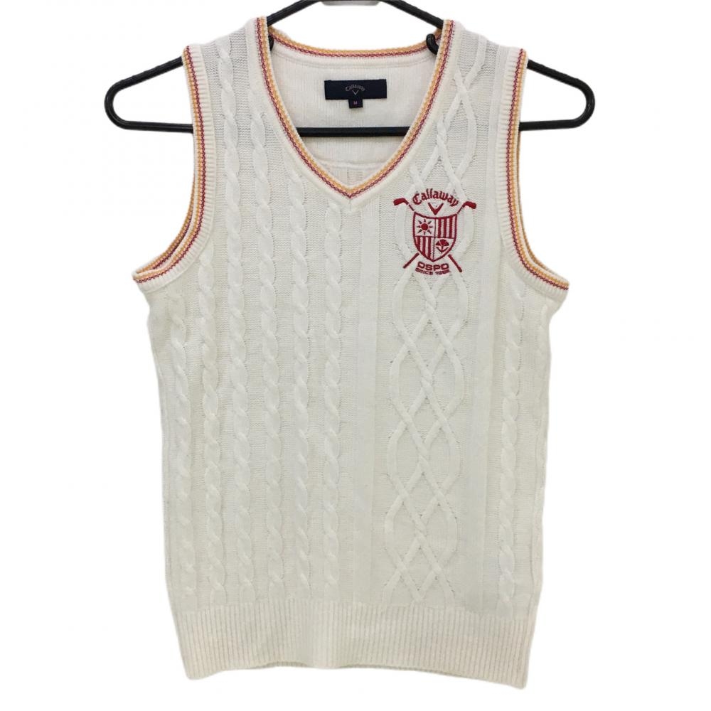 【美品】キャロウェイ ニットベスト 白×レッド Vネック ケーブル編み ウール混 レディース M ゴルフウェア Callaway