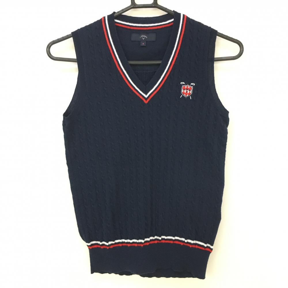 【美品】キャロウェイ ニットベスト ネイビー×レッド ケーブル編み Vネック コットン混 レディース S ゴルフウェア Callaway