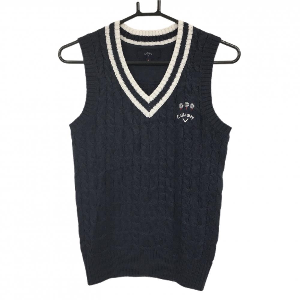 キャロウェイ ニットベスト ネイビー×白 ロゴ刺しゅう Vネック ウール混 レディース M ゴルフウェア Callaway
