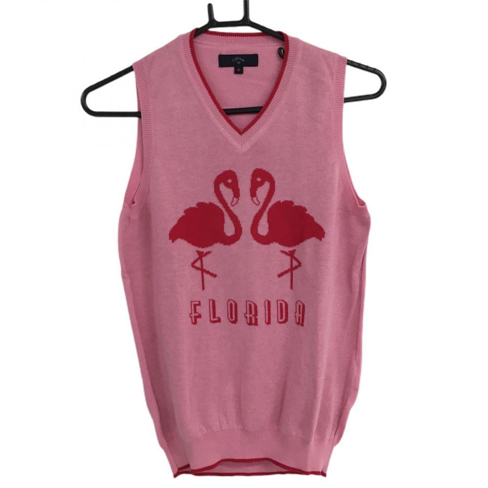 【美品】キャロウェイ ニットベスト ピンク×レッド フラミンゴ柄  レディース M ゴルフウェア Callaway
