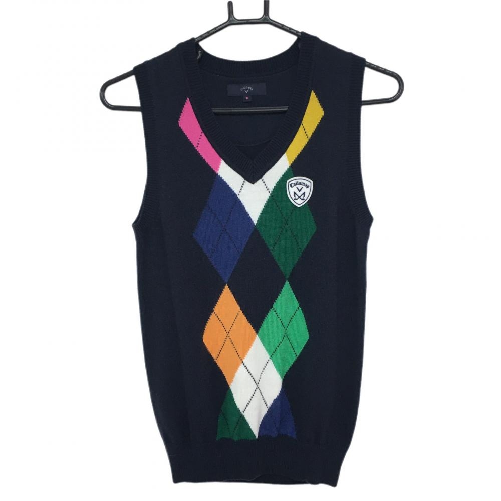 【美品】キャロウェイ ニットベスト ネイビー×マルチ アーガイル Vネック SAMPLE レディース M ゴルフウェア SAMPLE Callaway