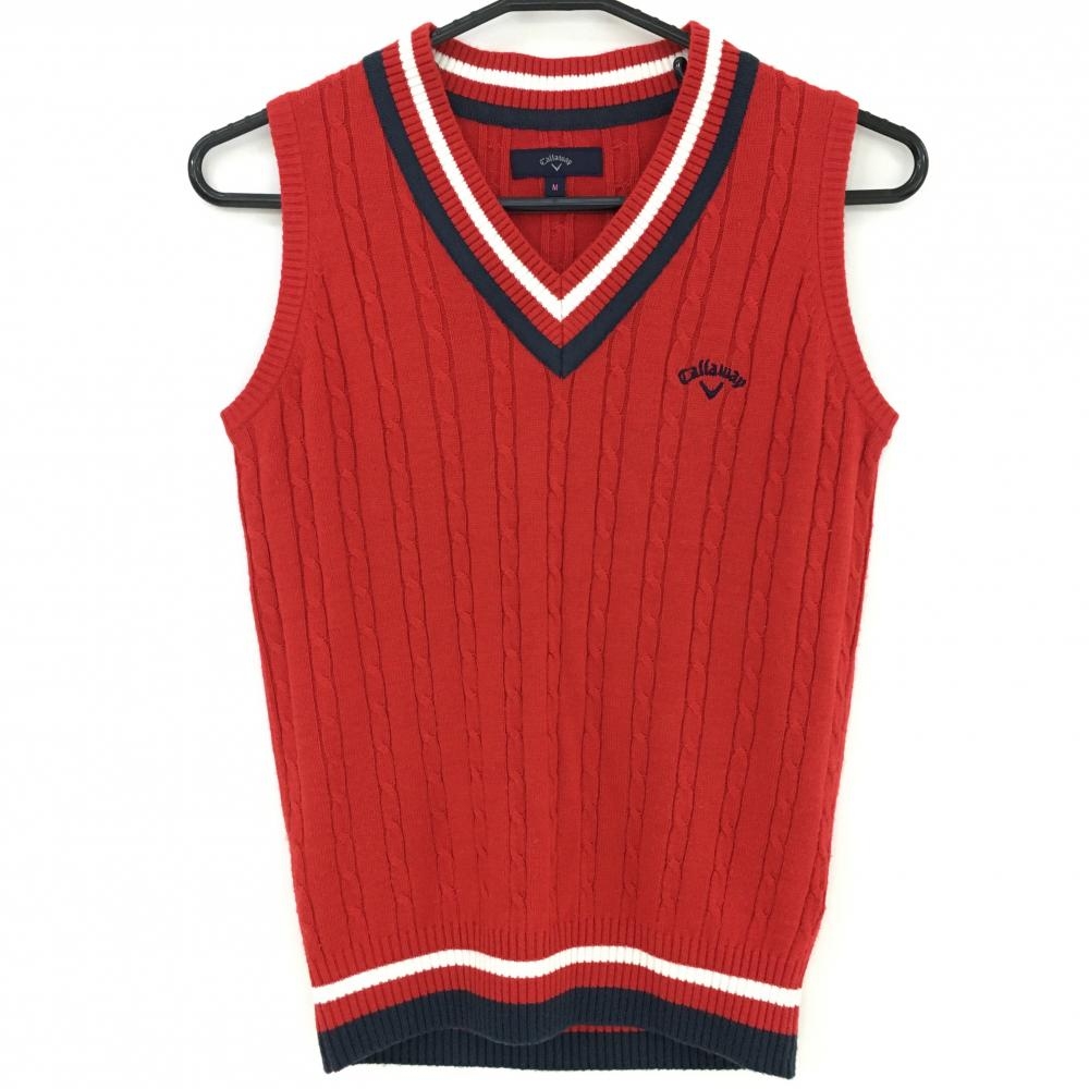 【美品】キャロウェイ ニットベスト レッド×ネイビー ケーブル編み Vネック ウール混  レディース M ゴルフウェア Callaway