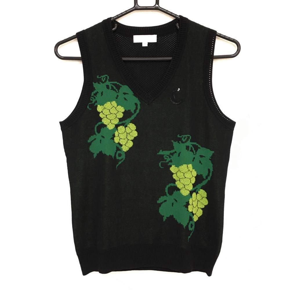【超美品】キャロウェイ ニットベスト 黒×ライトグリーン マスカット ラインストーン 背中メッシュ調 レディース M ゴルフウェア Callaway