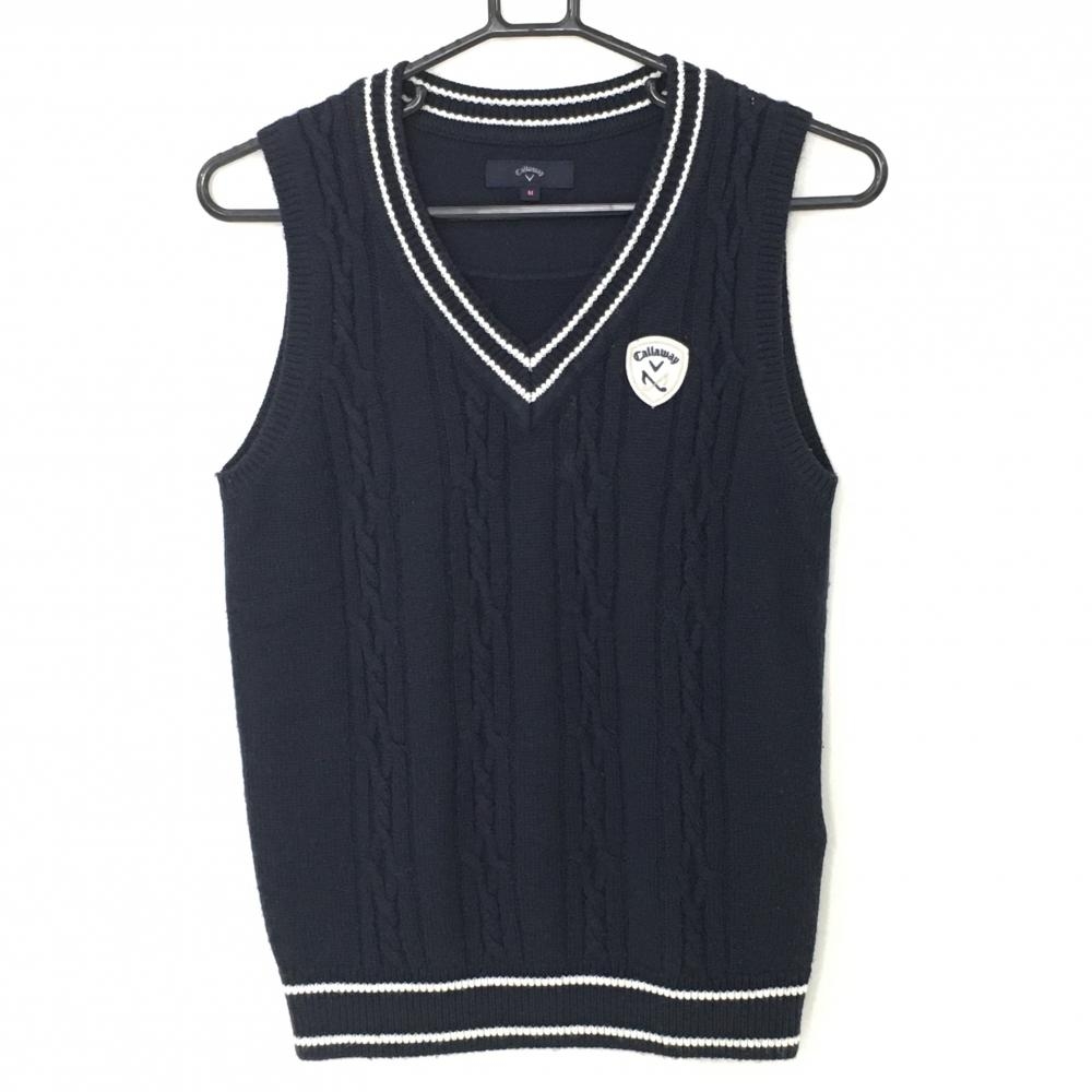 キャロウェイ ニットベスト ネイビー×白 ケーブル編み Vネック ワッペン レディース M ゴルフウェア Callaway