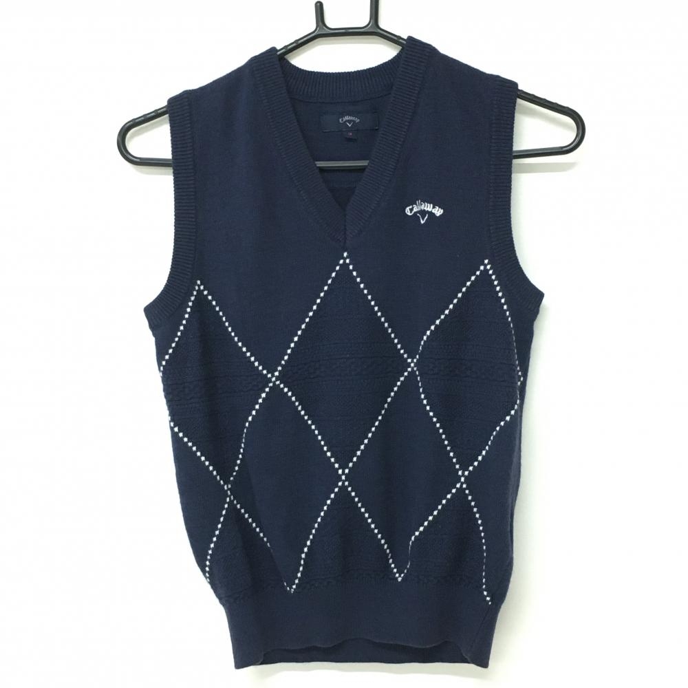 【美品】キャロウェイ ニットベスト ネイビー×白 ダイヤ柄 Vネック ウール混 レディース M ゴルフウェア Callaway