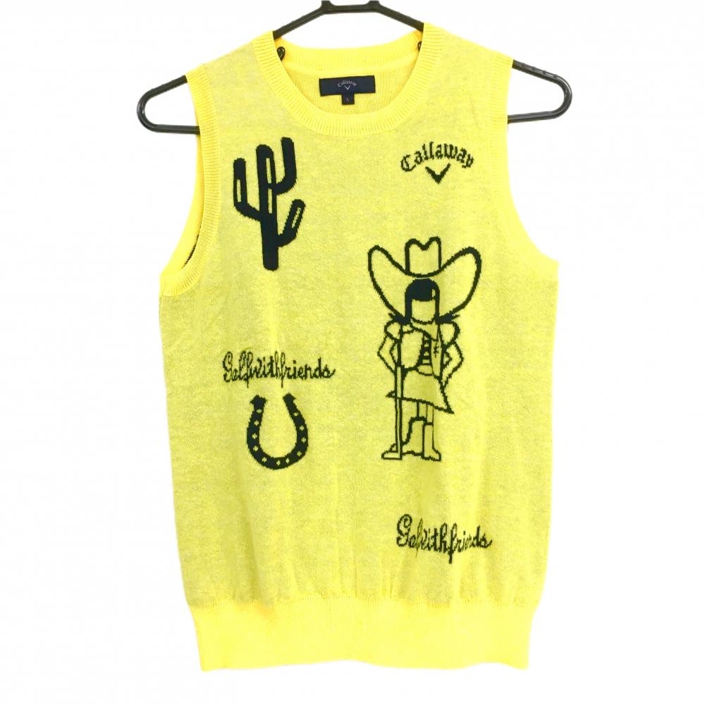 【美品】キャロウェイ ニットベスト イエロー×黒 前柄 サボテン  レディース L ゴルフウェア Callaway