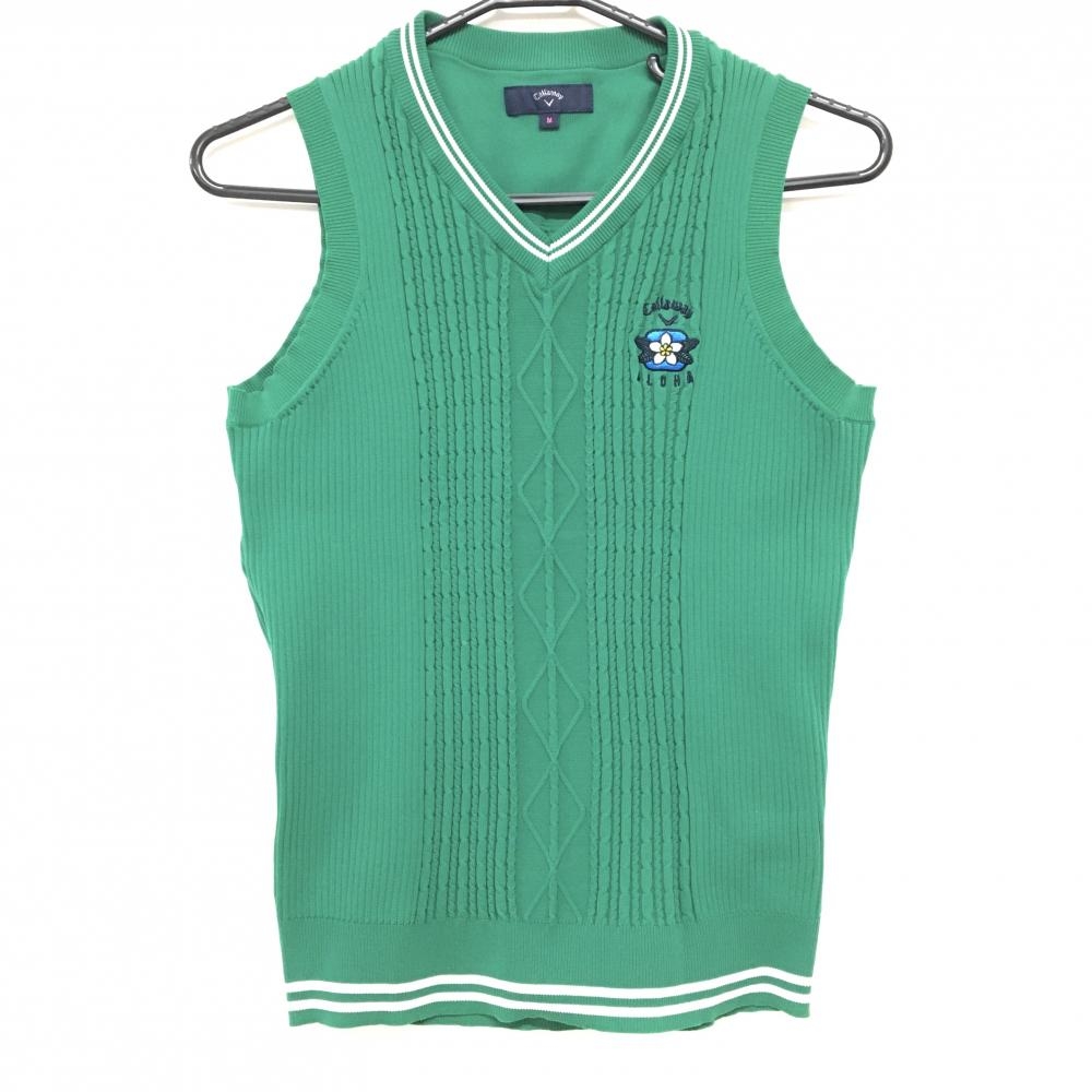 キャロウェイ ニットベスト グリーン ロゴ刺しゅう ネック白ライン Vネック レディース M ゴルフウェア Callaway