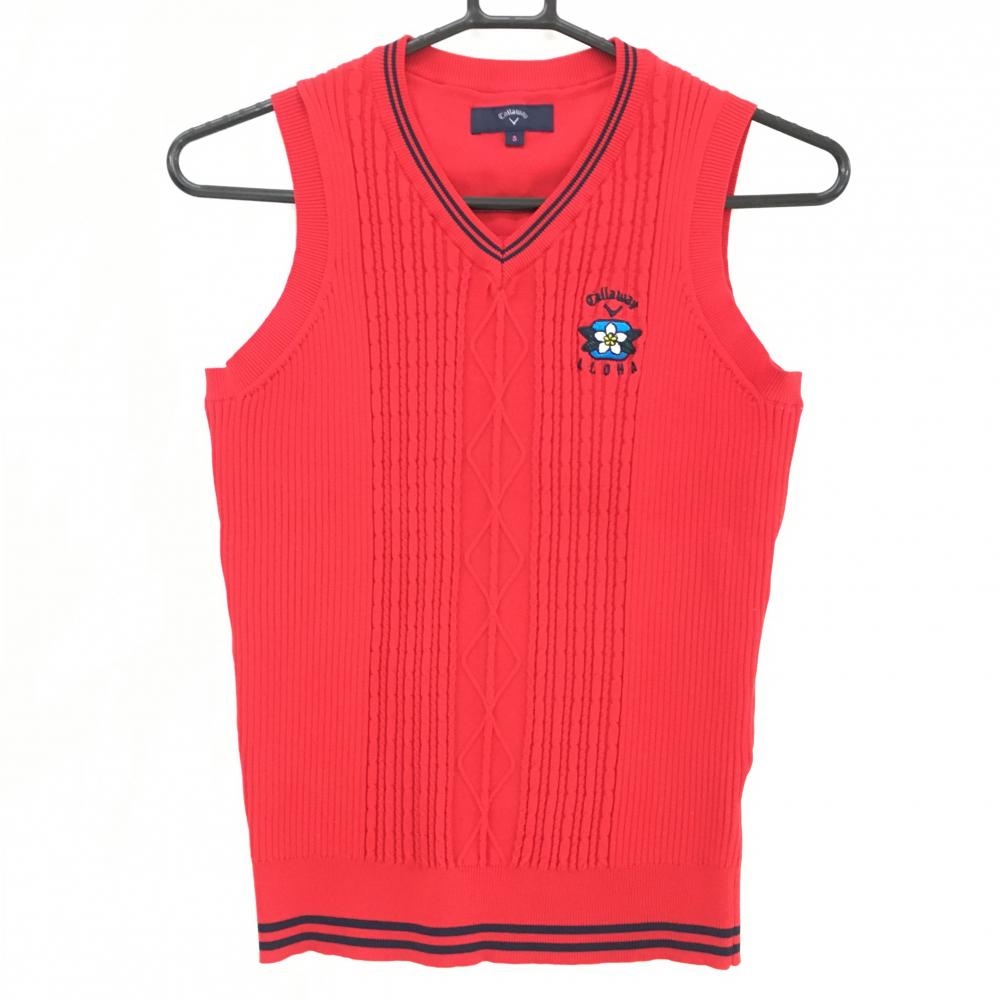 【超美品】キャロウェイ ニットベスト レッド×ネイビー ケーブル編み Vネック レディース S ゴルフウェア Callaway