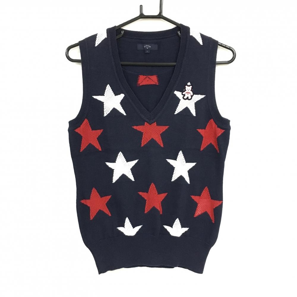 キャロウェイ ニットベスト ネイビー×白 星柄 クマ刺しゅう  レディース L ゴルフウェア Callaway