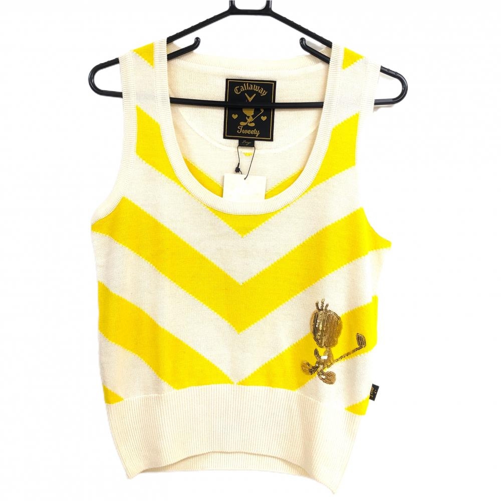 【新品】キャロウェイ×Tweety ニットベスト 白×イエロー 総柄 ウール混 スパンコールロゴ レディース Large ゴルフウェア Callaway