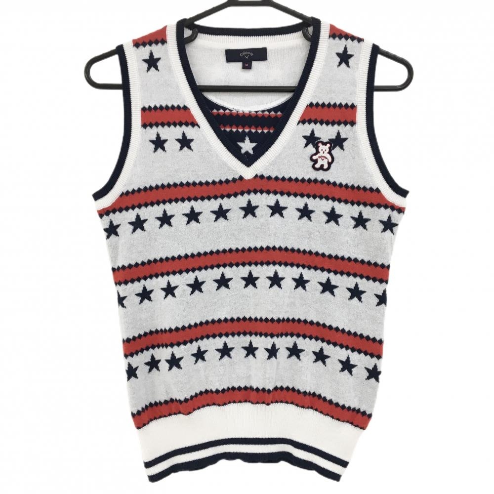 【美品】キャロウェイ ニットベスト 白×ネイビー×レッド Vネック 星柄 クマワッペン レディース M ゴルフウェア Callaway