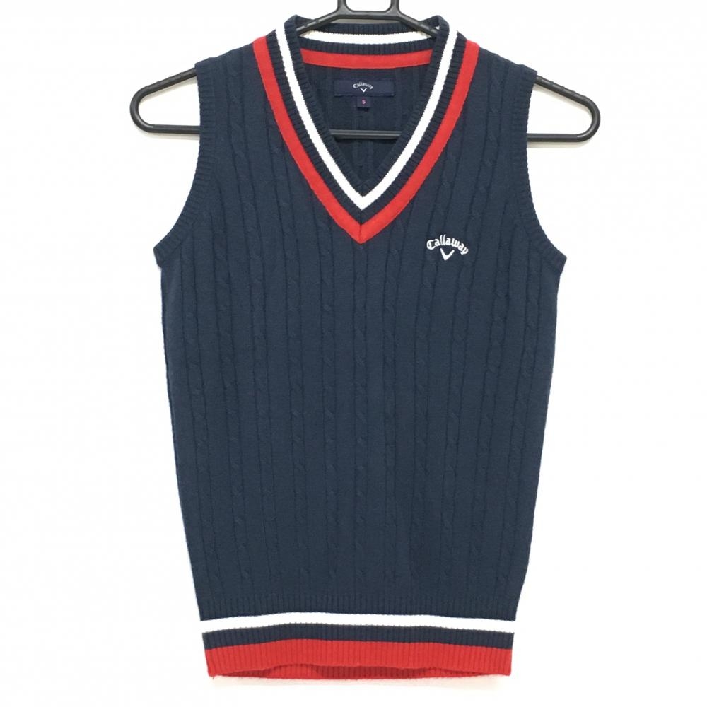 【美品】キャロウェイ ニットベスト ネイビー×レッド×白 Vネック ケーブル編み レディース S ゴルフウェア Callaway