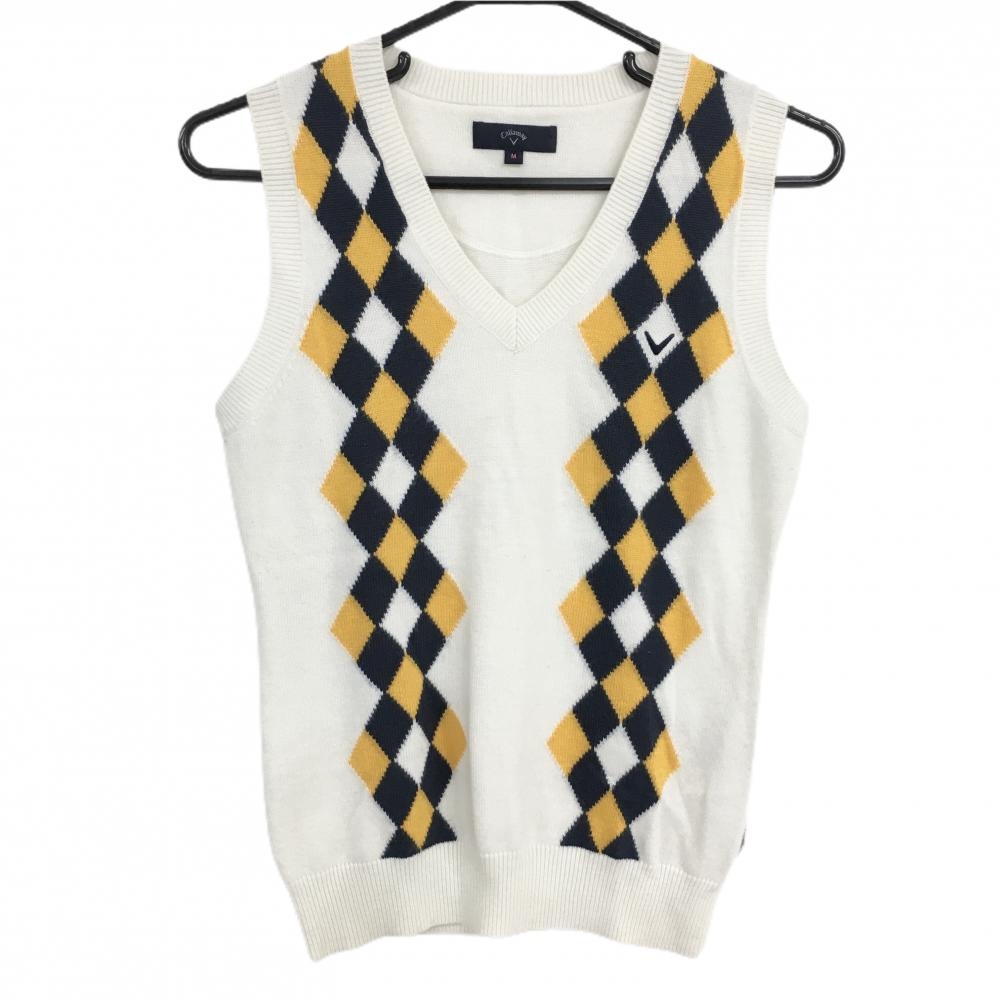 【美品】キャロウェイ ニットベスト 白×オレンジ×ネイビー 前面ダイヤ柄 ウール混 Vネック レディース M ゴルフウェア Callaway