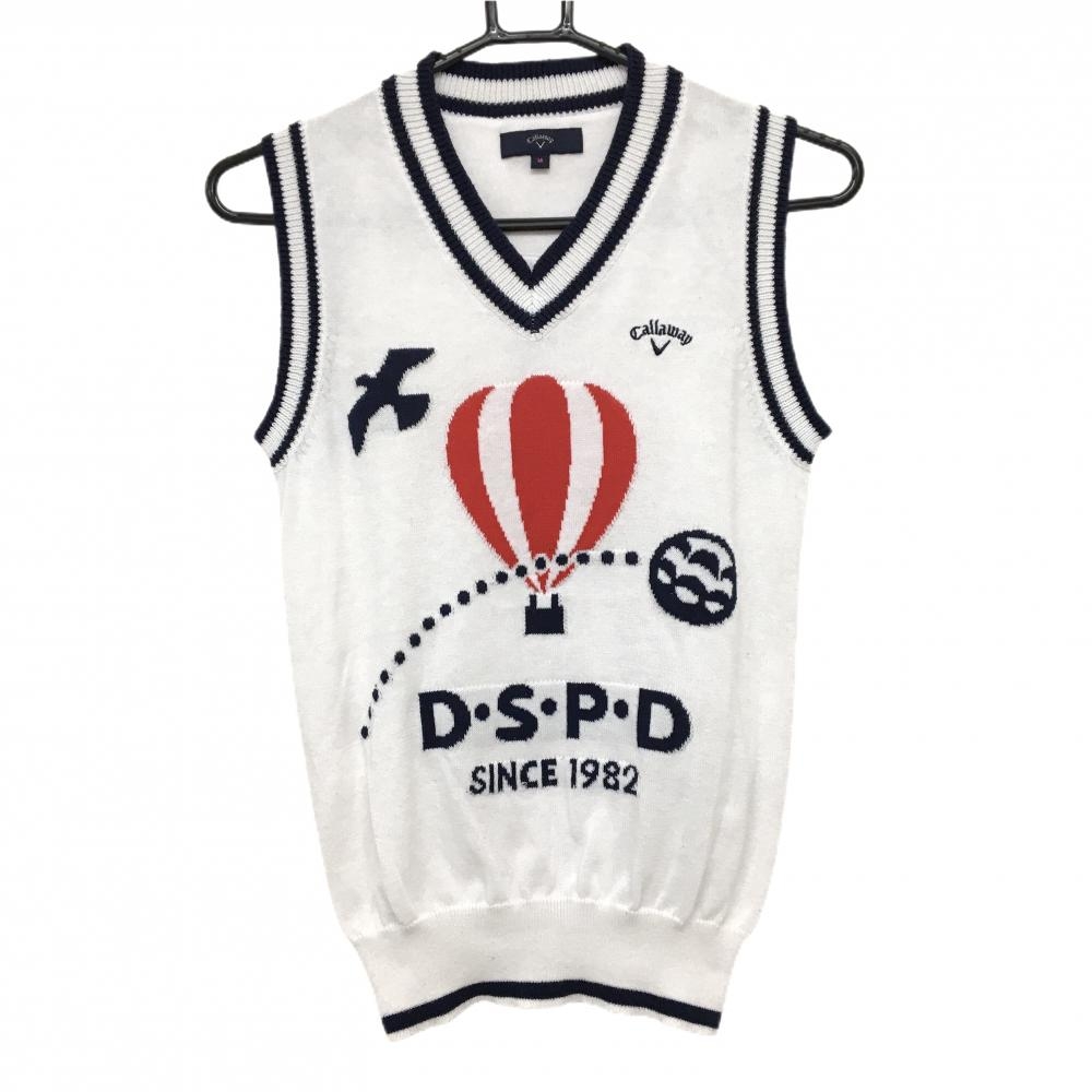 キャロウェイ ニットベスト 白×ネイビー 気球 コットン混  レディース M ゴルフウェア Callaway