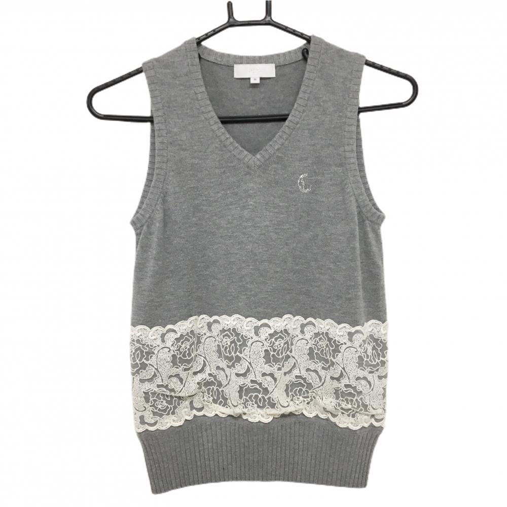 キャロウェイ ニットベスト グレー×白 腹部レース ラインストーンロゴ レディース M ゴルフウェア Callaway