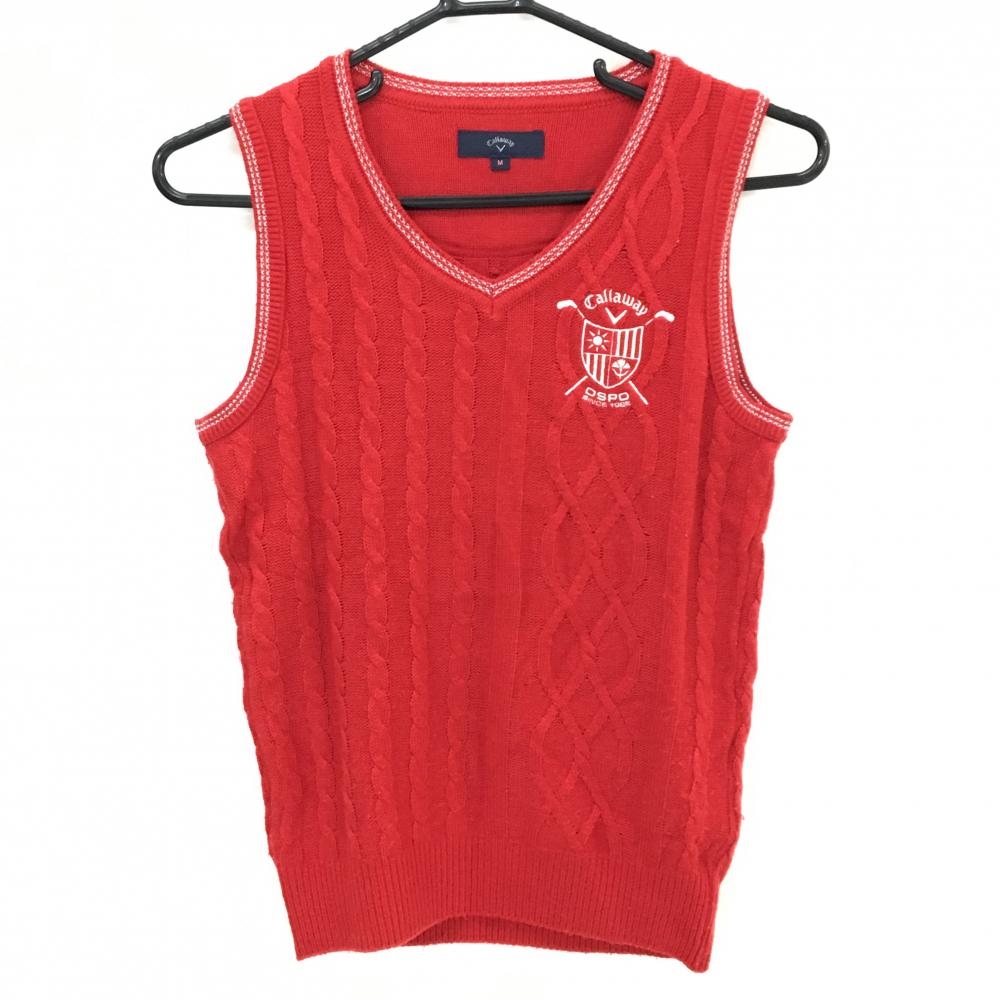 【美品】キャロウェイ ニットベスト レッド×白 ケーブル編み ウール混 Vネック レディース M ゴルフウェア Callaway