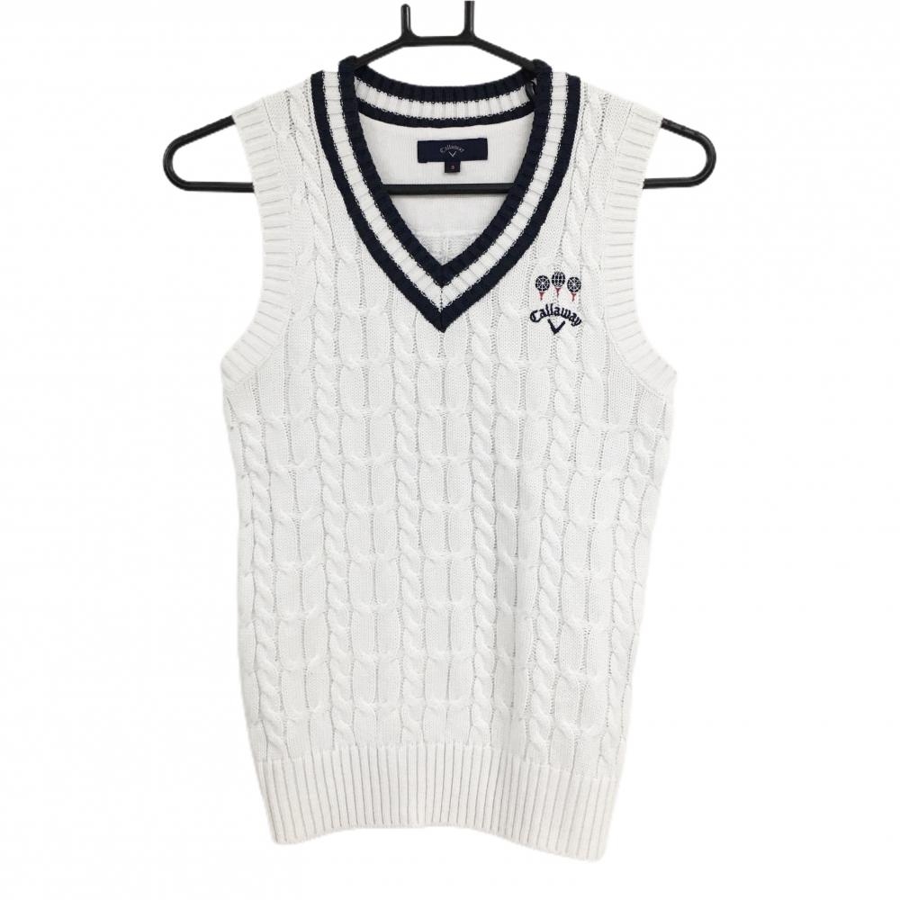 【美品】キャロウェイ ニットベスト 白×ネイビー ケーブル編み ウール混 Vネック レディース S ゴルフウェア Callaway