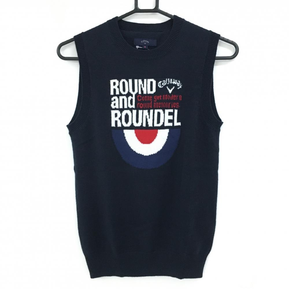 【美品】キャロウェイ ニットベスト ネイビー フロント英字 ウール混 レディース M ゴルフウェア Callaway